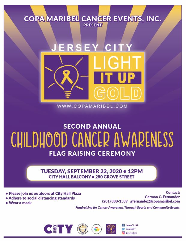 Childhood Cancer Awareness Flag Raising. Flyer has a purple background with gold sun rays coming from behind a rectangular box with a light bulb in it.
