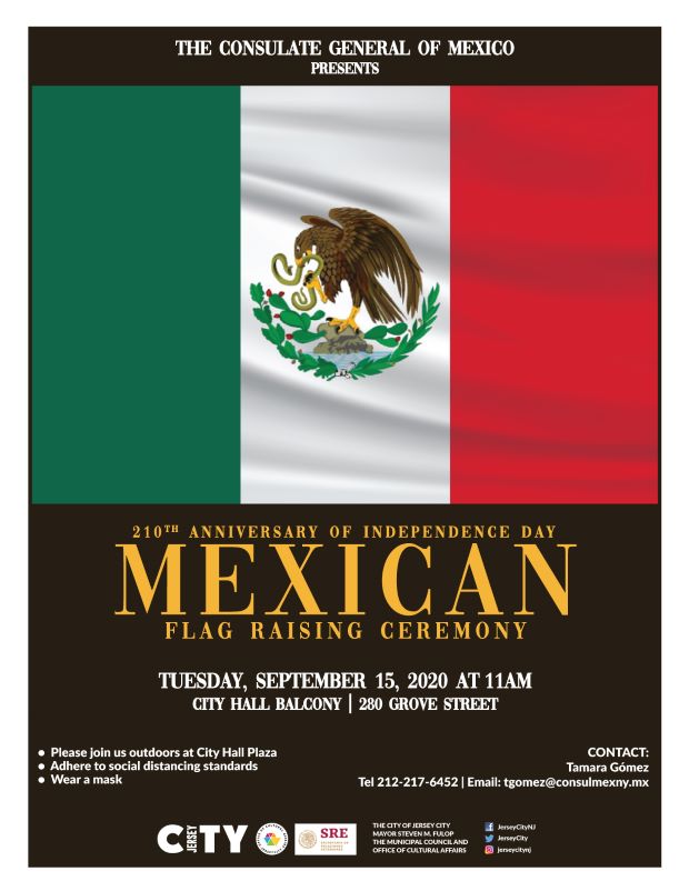 Mexican Flag Raising Vertical stripes of Green then white, then red. Eagle crescent centered in middle