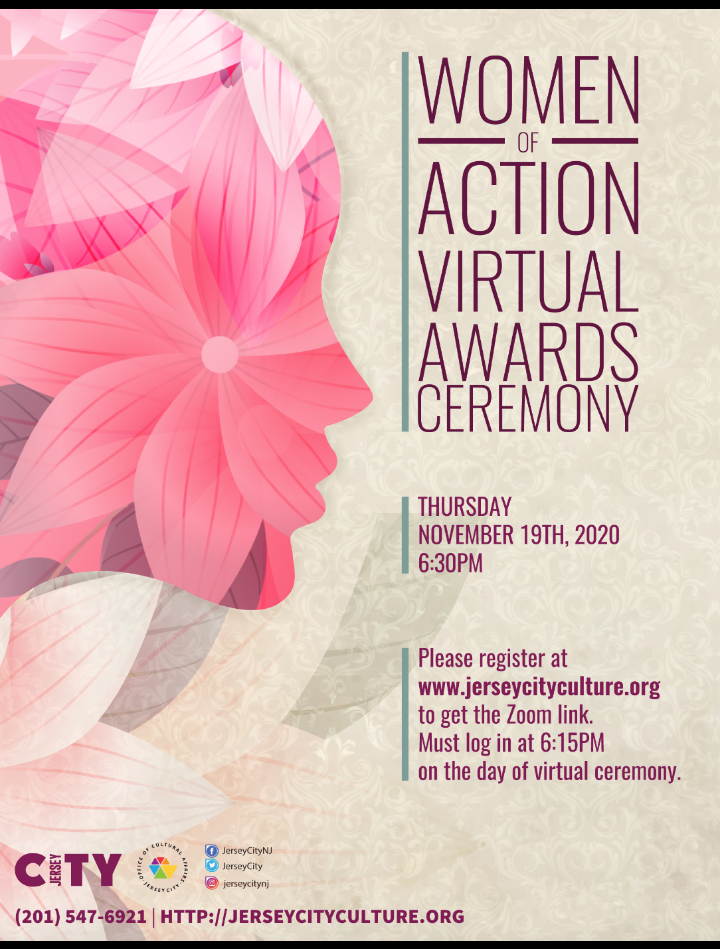 Women of Action Virtual Awards Ceremony Flyer. Beige background with pink flowers on left Wordage detail event on right side