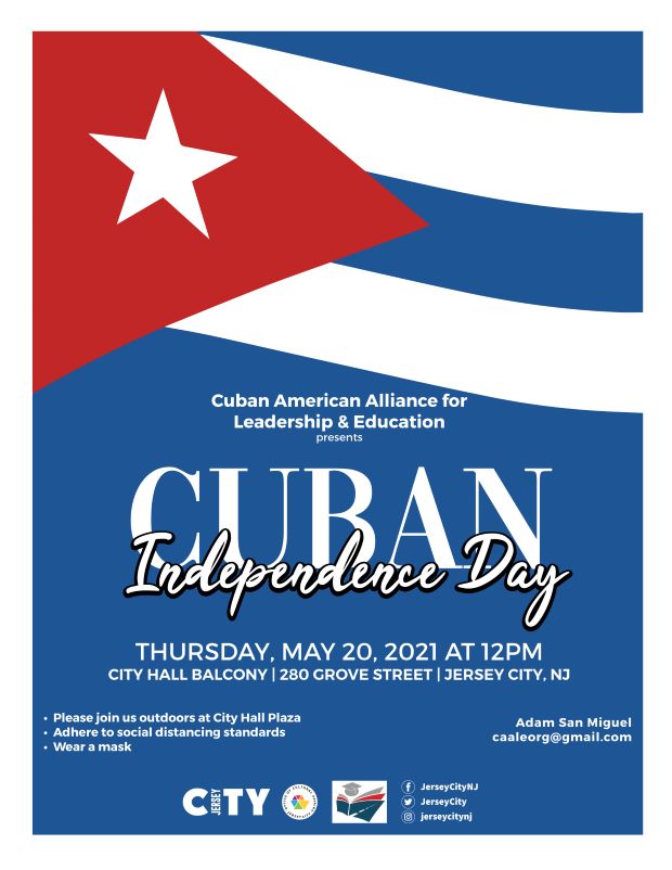 Cuban Flag Raising Primarily blue with a portion of the Cuban Flag represented on the top. Horizontal white stripes Red triangle with white star in center. White wordage detailing event. 