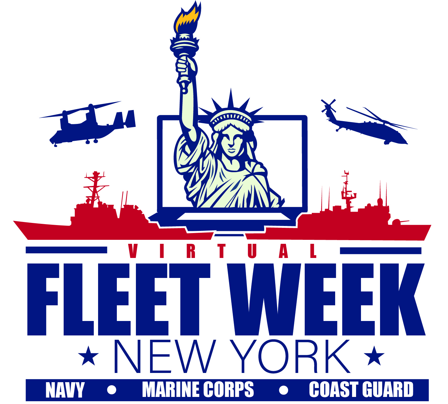 Fleet Week Logo White background Blue Outline of Statue of Liberty, blue helicopters and red ships