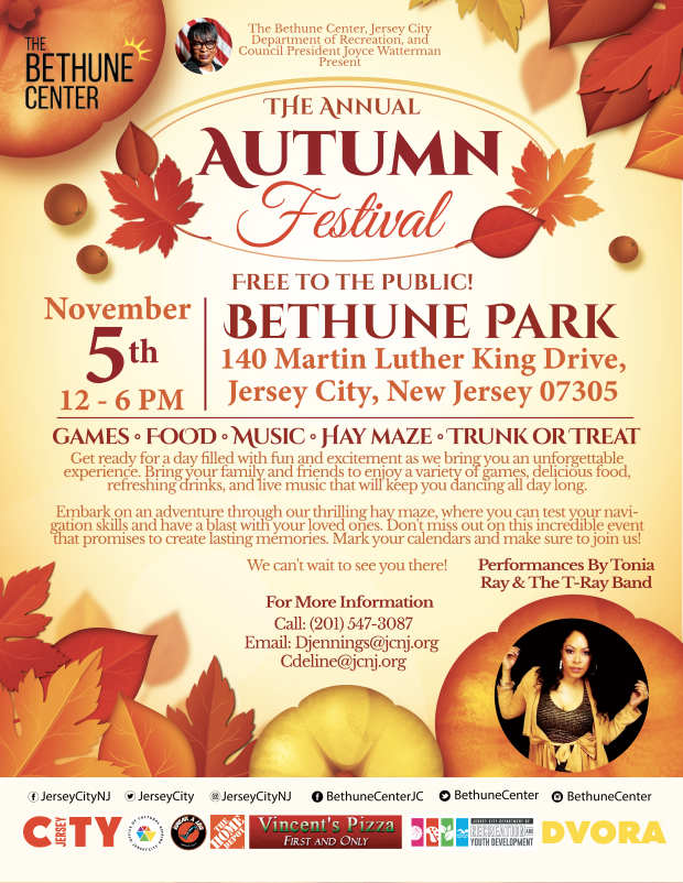 THE ANNUAL AUTUMN FESTIVAL ON NOVEMBER 5TH FROM 12 PM TO 6 PM AT THE BETHUNE PARK 140 MARTIN LUTHER KING DRIVE. GAMES, FOOD, MUSIC, HAY MAZE, TRUNK OR TREAT.
