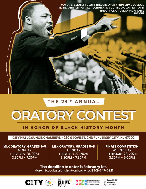 THE 29TH ANNUAL ORATORY CONTEST IN HONOR OF BLACK HISTORY MONTH. GRADES THREE TO FIVE IS MONDAY FEBRUARY 26TH. GRADES SIX TO EIGHT IS TUESDAY FEBRUARY 27TH 3:30 TO 7:30 PM. FINAL COMPETITION IS WEDNESDAY FEBRUARY 28TH AT 3:30PM TO 6PM