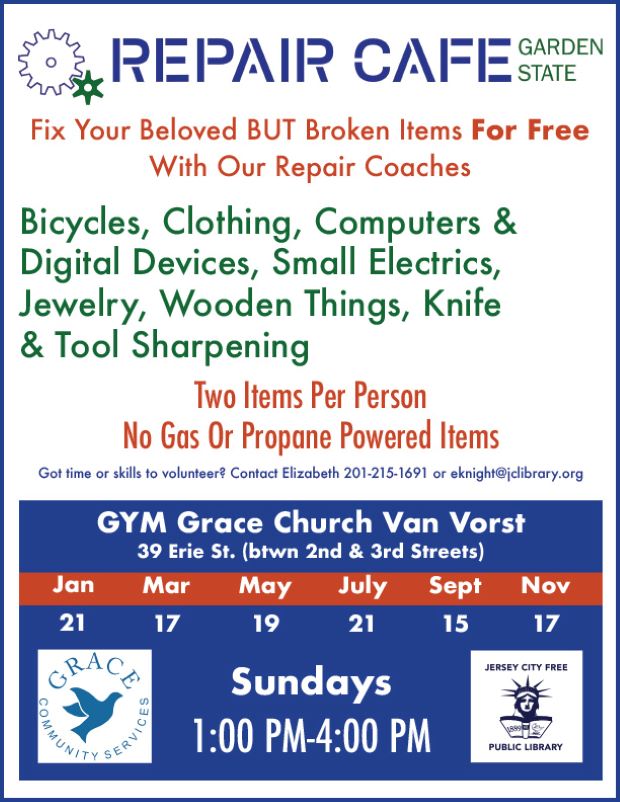 REPAIR CAFE WILL FIX YOUR BELOVED BUT BROKEN ITENS FOR FREE. TWO ITEMS PER PERSON AND NO GAS OR PROPANE POWERED ITEMS.
