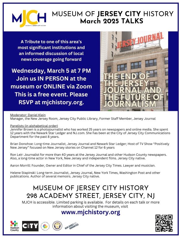 THE END OF THE JERSEY JOURNAL AND THE FUTURE OF JOURNALISM TALKS AT THE MUSEUM OF JERSEY CITY HISTORY ON MARCH 5TH AT 7PM