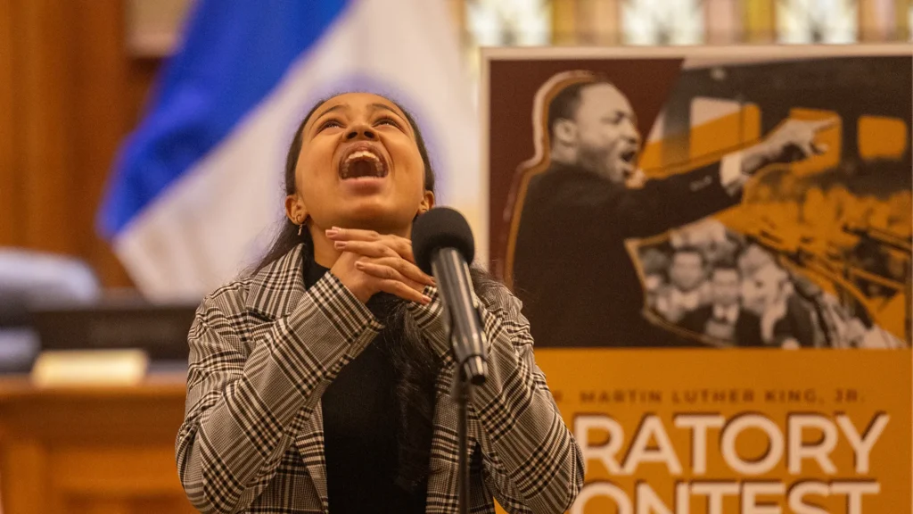 Girl speaking at the MLK Oratory Contest