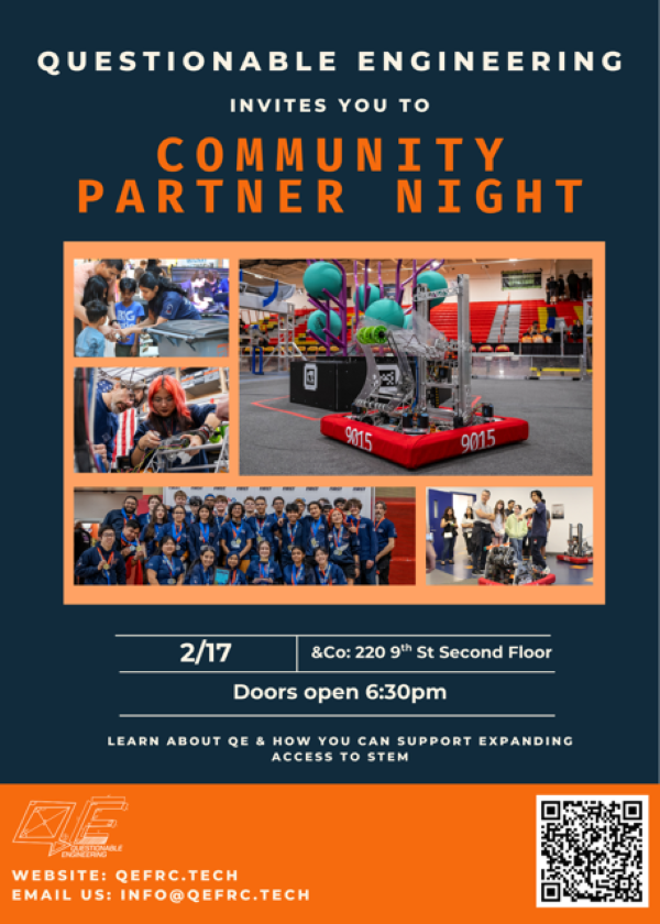 QUESTIONABLE ENGINEERING INVITES YOU TO COMMUNITY PARTNER NIGHT ON FEBRUARY 17 TH AT 6:30 PM FOR INFORMATION EMAIL INFO@QEFRC.TECH